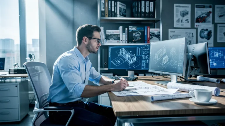 Portrait réaliste d’un rédacteur industriel masculin de 32 ans dans un bureau moderne, ambiance professionnelle betm