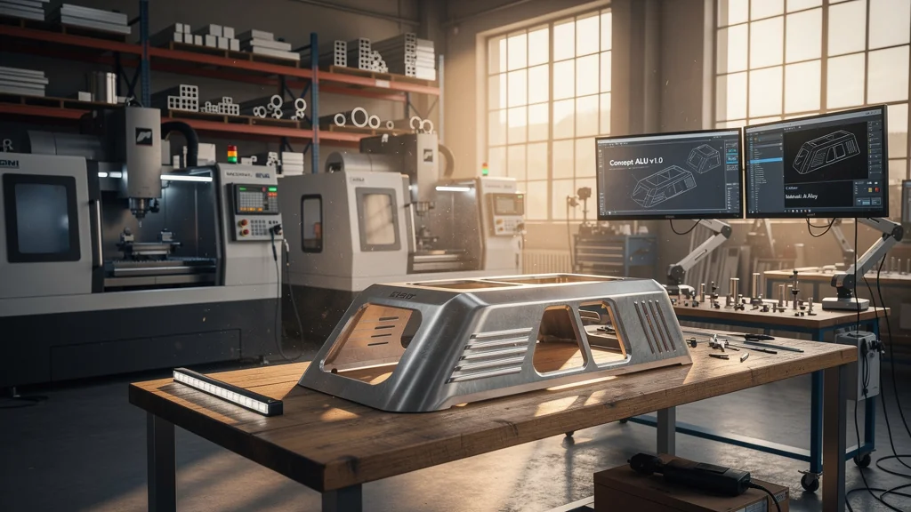 Concept alu ultra-réaliste en atelier industriel avec structure aluminium brillante et machines modernes
