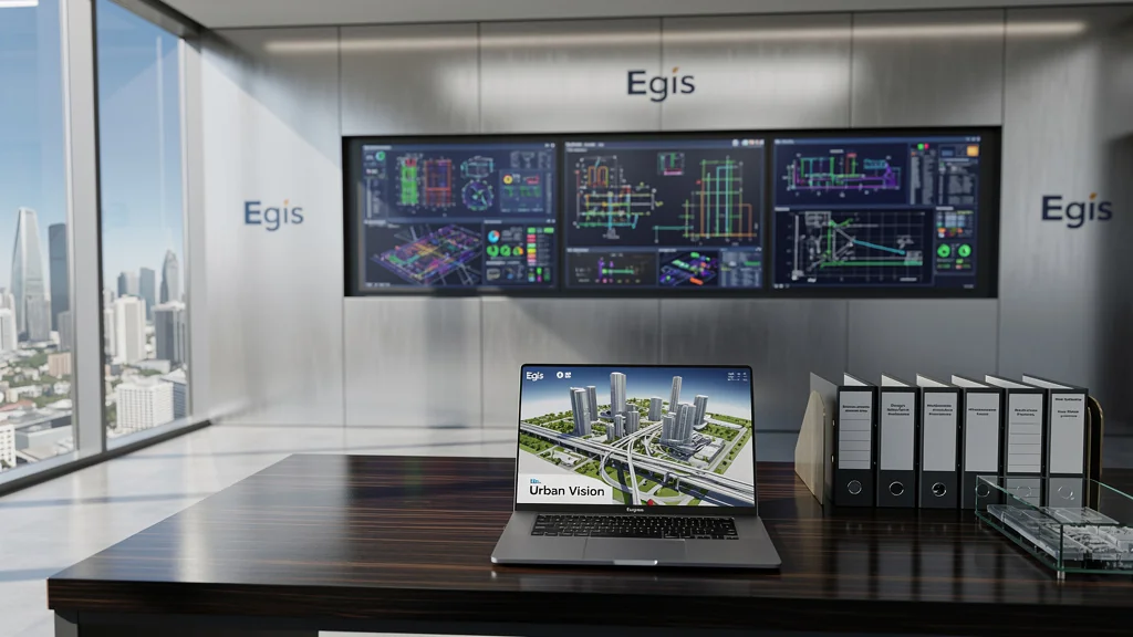 Salle de contrôle industrielle moderne Egis avec écrans de données et vue urbaine en arrière-plan