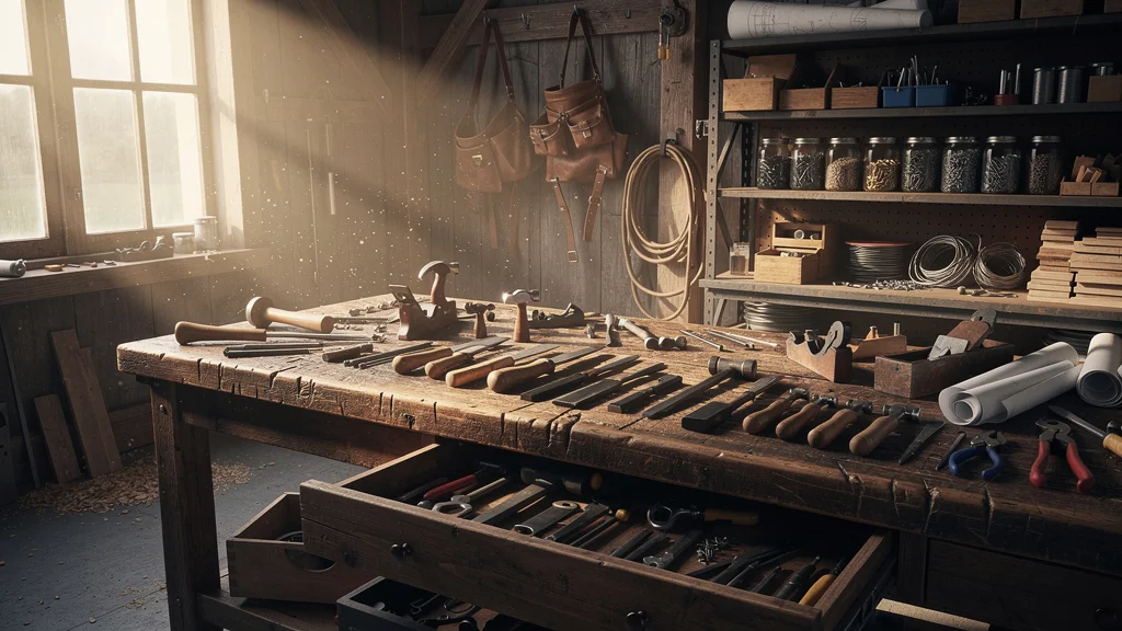 Atelier d'un retraité avec 40 outils anciens sans repère sur un établi en bois éclairé naturellement
