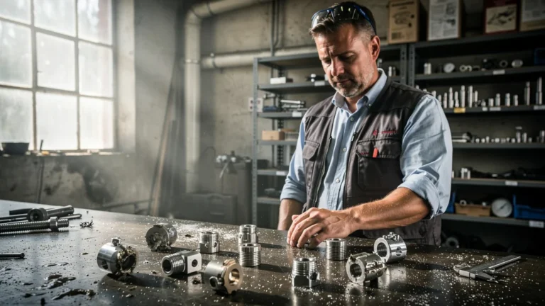 Photo réaliste d’un atelier industriel avec 12 pièces métalliques à reprendre après traitement de surface