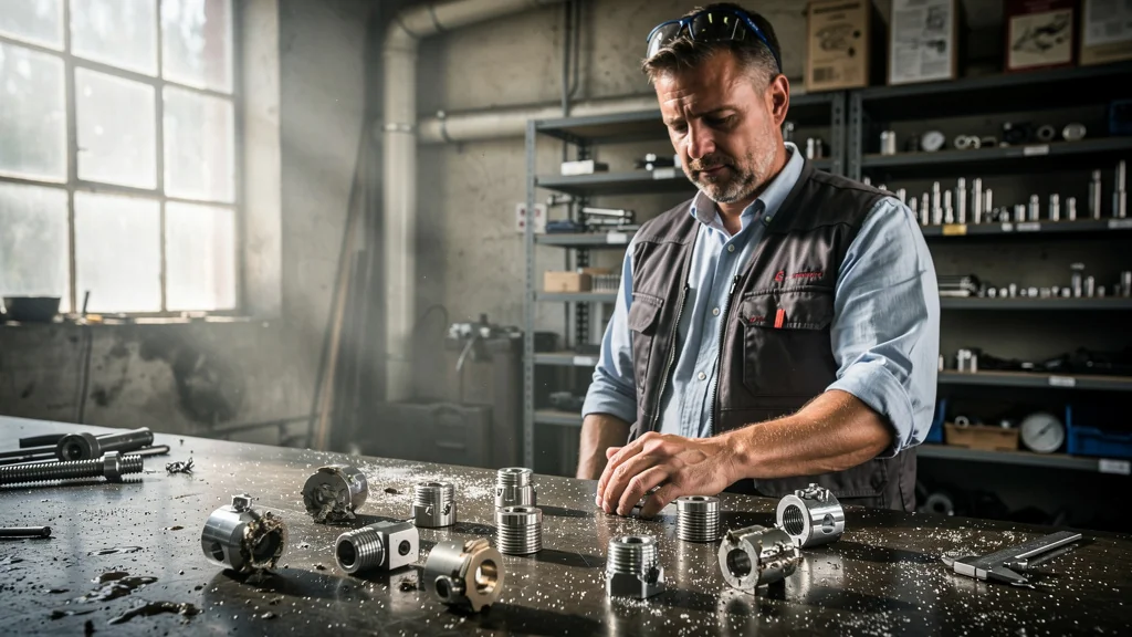 Photo réaliste d’un atelier industriel avec 12 pièces métalliques à reprendre après traitement de surface