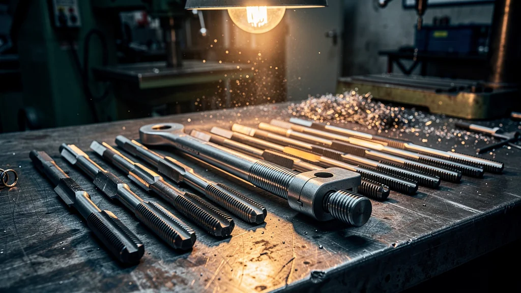 Kit taraudage professionnel sur établi en acier dans atelier industriel avec éclairage cinématographique