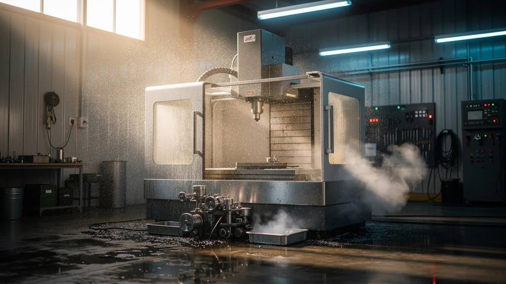 Atelier industriel avec brouillard d'huile dense devant une machine moderne changeant l'air respiré