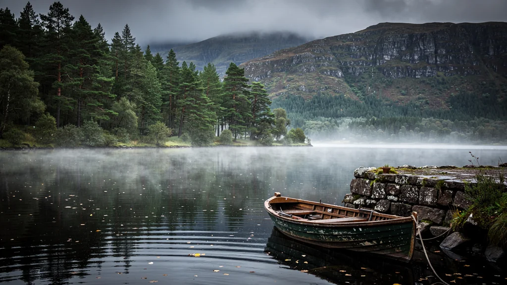 Paysage hyperréaliste du lac Loch Ness avec brouillard et forêt dense sous ciel nuageux