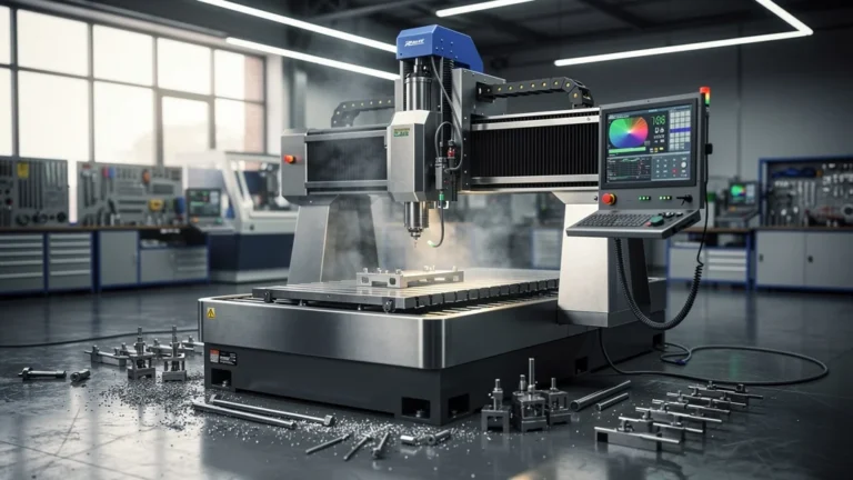 Machine à commande numérique moderne en atelier industriel avec détails ultra-réalistes et éclairage naturel