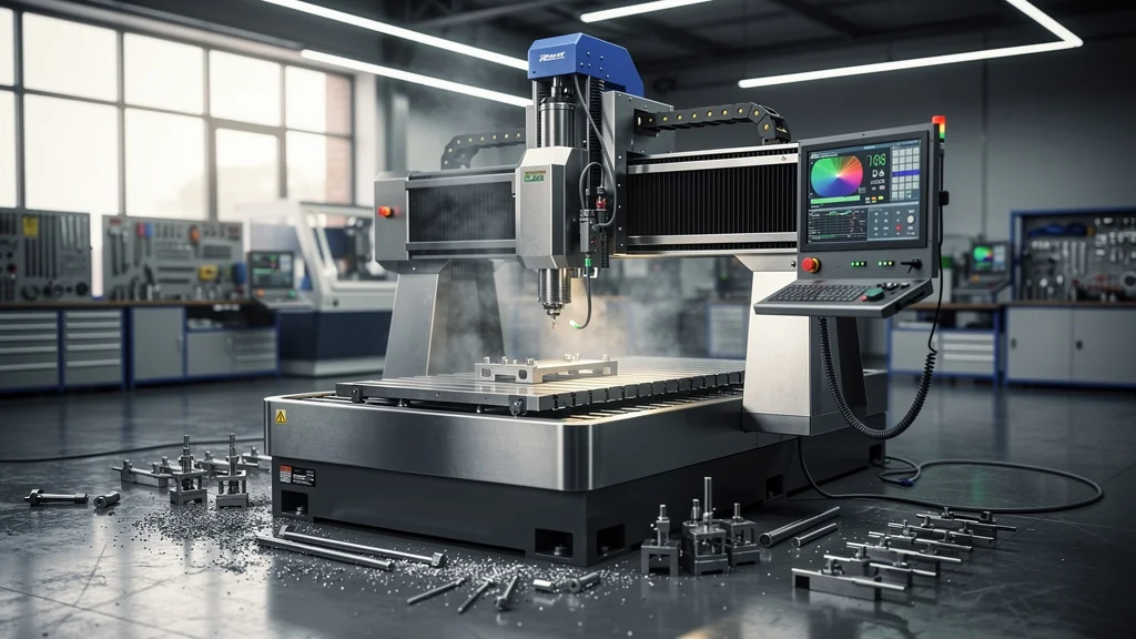 Machine à commande numérique moderne en atelier industriel avec détails ultra-réalistes et éclairage naturel