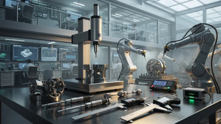 Image hyperréaliste d’un laboratoire de métrologie industrielle avec instruments de mesure avancés
