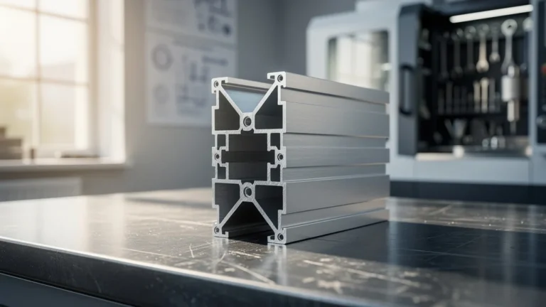 profilé aluminium brillant sur établi industriel moderne avec finition métallique ultra-détaillée
