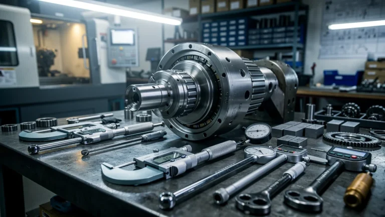 Réparation broche machine outil en atelier industriel avec outils de précision et éclairage ultra-réaliste