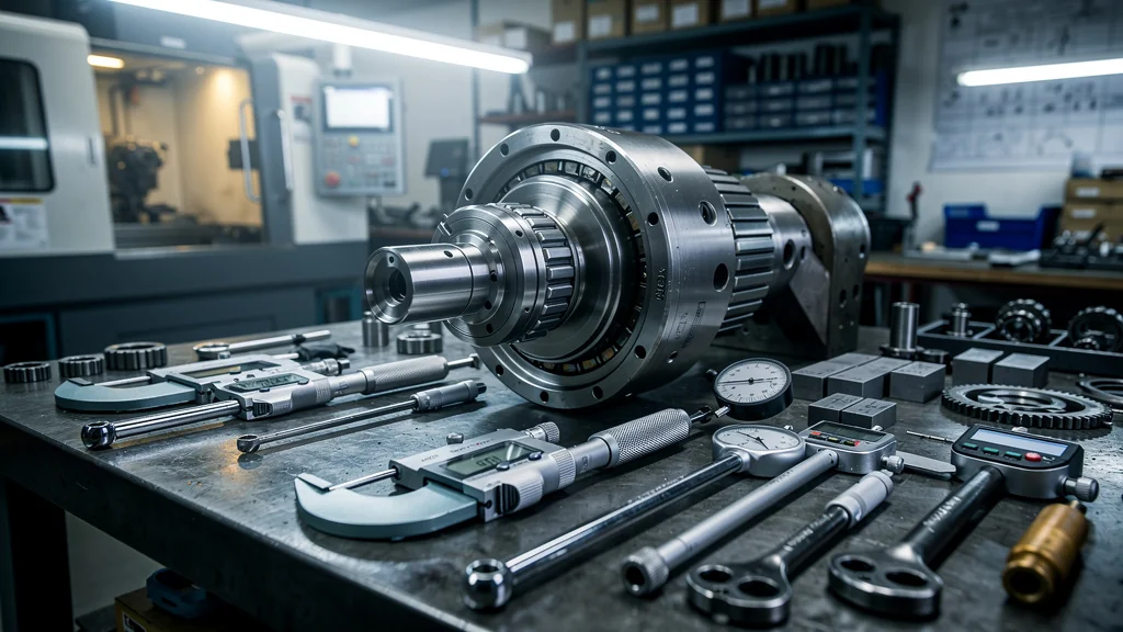 Réparation broche machine outil en atelier industriel avec outils de précision et éclairage ultra-réaliste