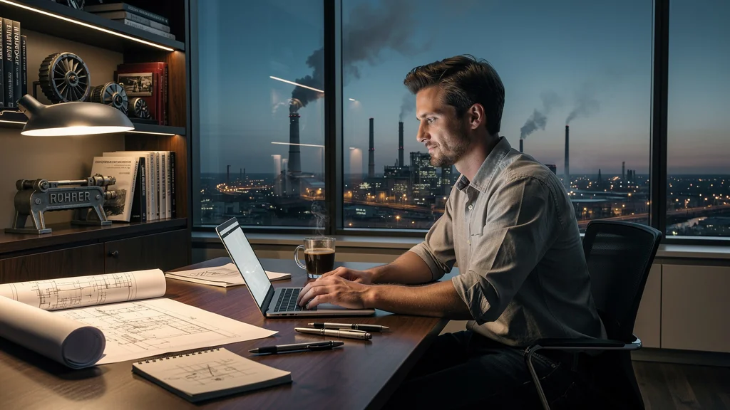 Portrait réaliste d'un rédacteur industriel dans un bureau moderne évoquant Rohrer et l'industrie urbaine