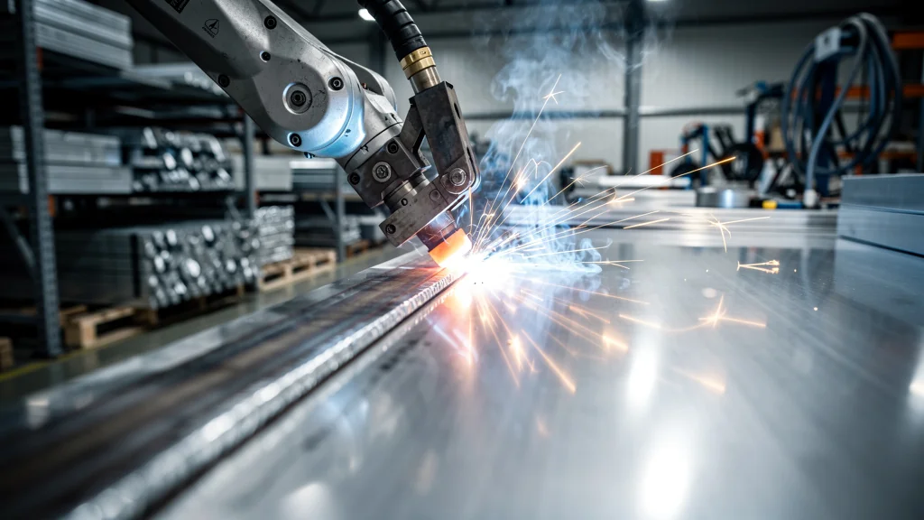 Soudure aluminium en atelier industriel avec éclats de soudure et métal brillant en ultra-réaliste