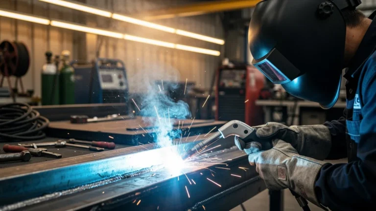 Soudure au MIG en atelier industriel avec éclats lumineux et opérateur masculin de 32 ans