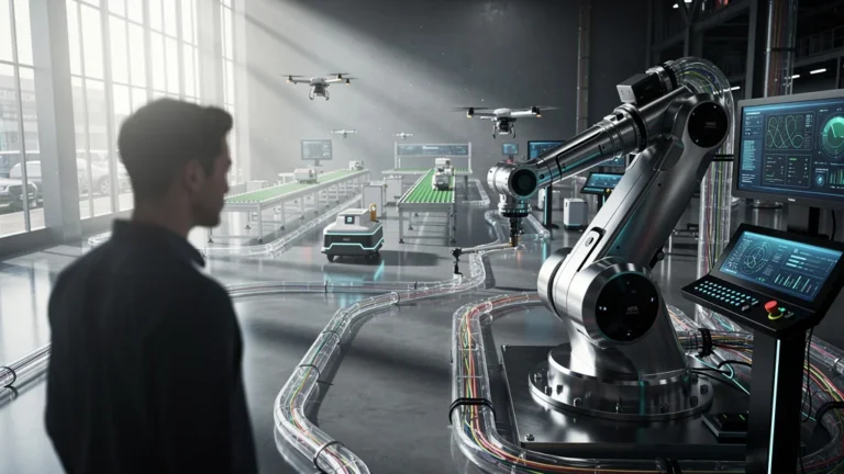 Scène industrielle futuriste illustrant la technitude avec technologies avancées et ambiance high-tech