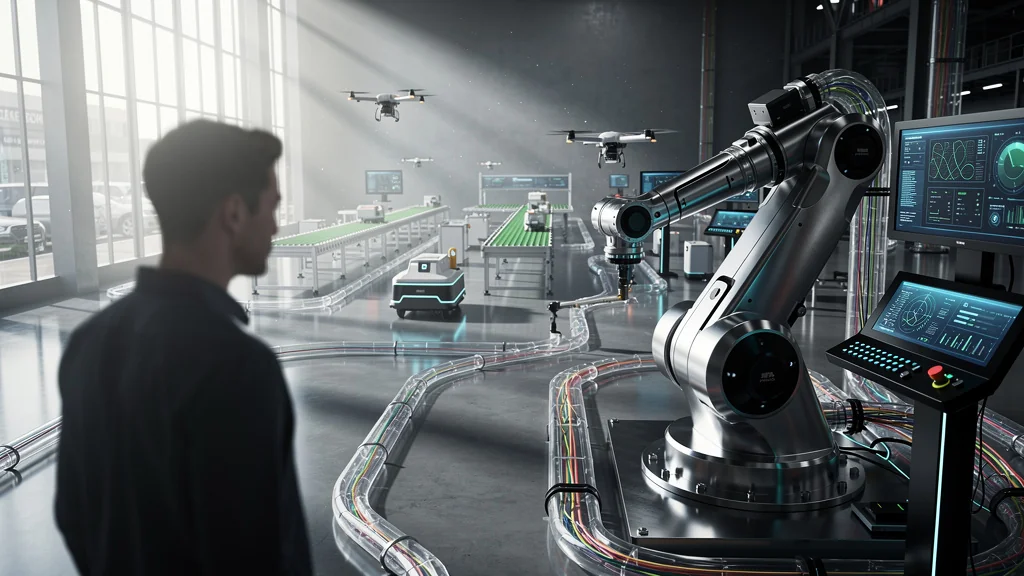 Scène industrielle futuriste illustrant la technitude avec technologies avancées et ambiance high-tech