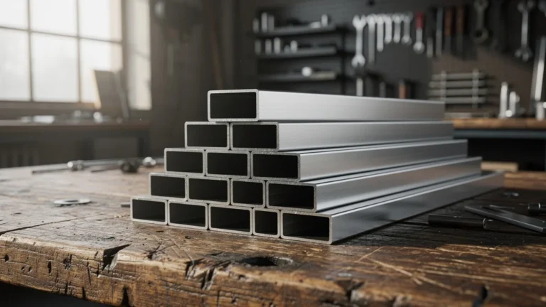 Tube aluminium rectangulaire brillant sur établi en atelier industriel lumineux et moderne