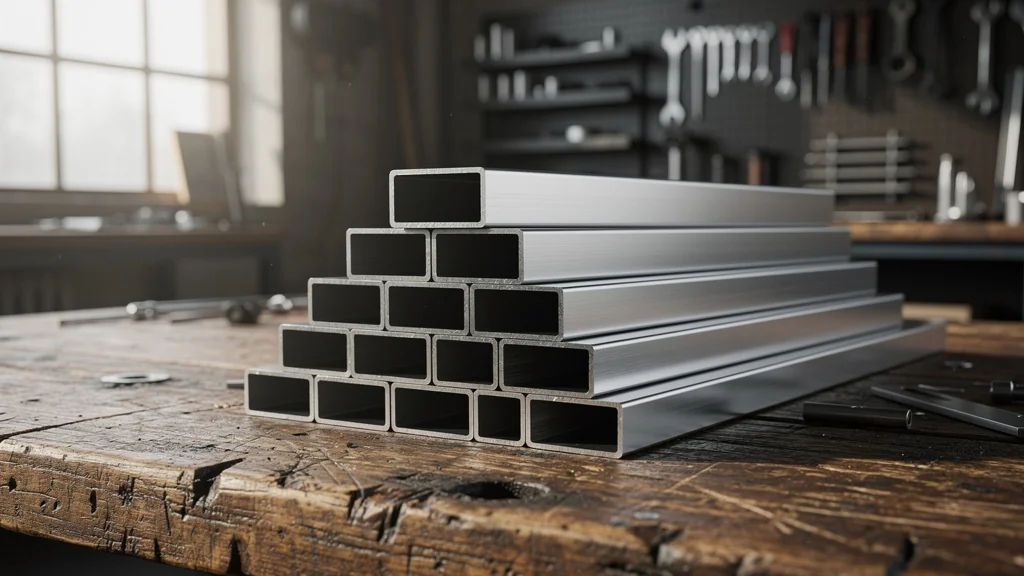 Tube aluminium rectangulaire brillant sur établi en atelier industriel lumineux et moderne