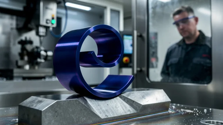 Copeau bleu brillant sur pièce inox usinée illustrant la vitesse de coupe en métallurgie