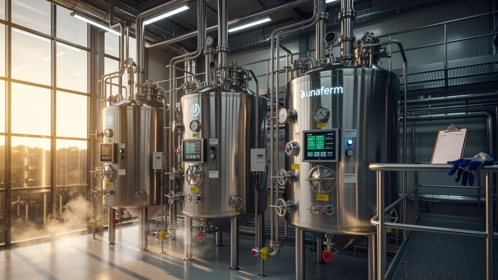 Installation industrielle moderne unaferm avec cuves de fermentation en acier inoxydable brillantes