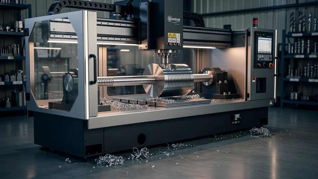 Usinage par brochage en atelier industriel avec machine CNC et pièce métallique en gros plan